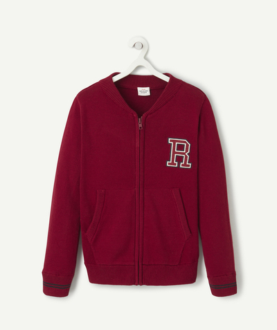 Pullover - Cardigan Nouvelle Arbo   C - BOYS' BURGUNDY ZIPPED CARDIGAN WITH EMBROIDERED LETTER