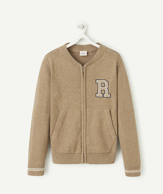 Pullover - Cardigan Tao Categories - BOYS' BROWN ZIPPED CARDIGAN WITH EMBROIDERED LETTER