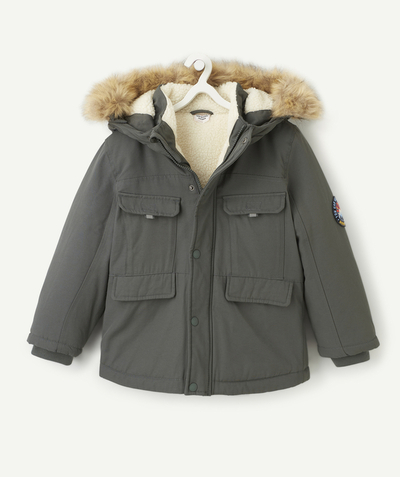 Coat - Padded jacket - Jacket Nouvelle Arbo   C - BOYS' GREEN PARKA WITH RECYCLED PADDING AND A MOUNTAIN PATCH