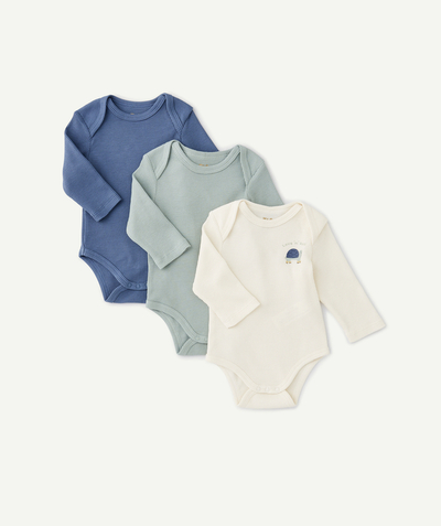 Baby boy Nouvelle Arbo   C - PACK OF 3 ORGANIC COTTON WAFFLE FABRIC BODYSUITS FOR BABIES IN BLUE, WHITE AND GREEN