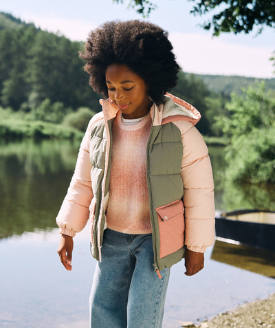 Clothing Nouvelle Arbo   C - GIRLS' KHAKI AND PINK COLOURBLOCK PUFFER JACKET WITH RECYCLED PADDING