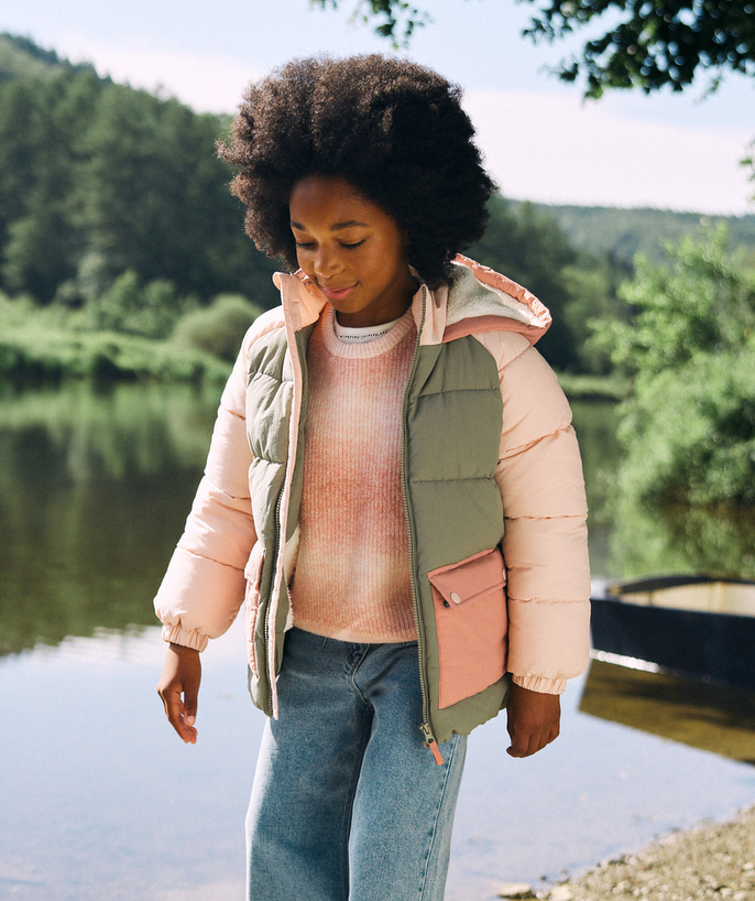 Girl Nouvelle Arbo   C - GIRLS' KHAKI AND PINK COLOURBLOCK PUFFER JACKET WITH RECYCLED PADDING