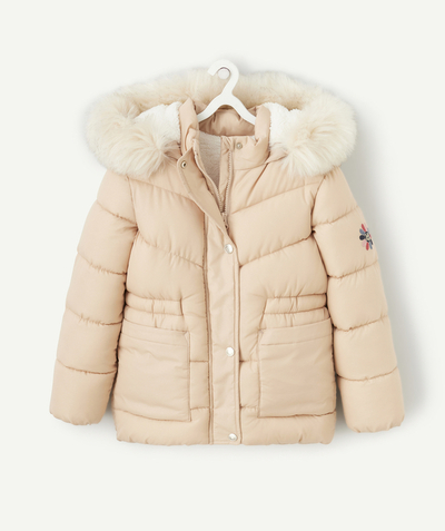 Clothing Nouvelle Arbo   C - GIRLS' HOODED PADDED JACKET IN BEIGE SEQUINNED RECYCLED PADDING