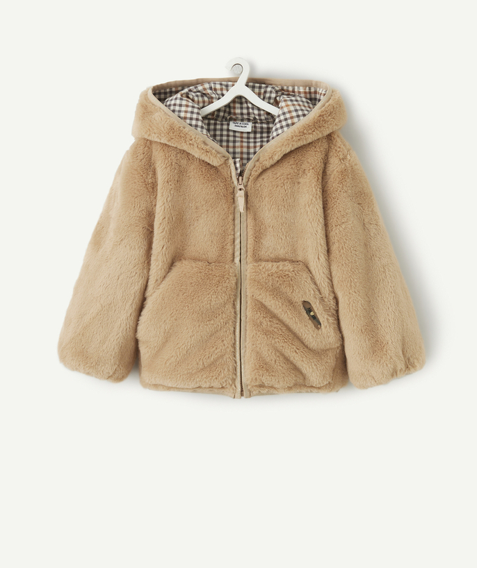 Coat - Padded jacket - Jacket Tao Categories - BABY GIRLS' HOODED JACKET IN BEIGE FAUR FUR
