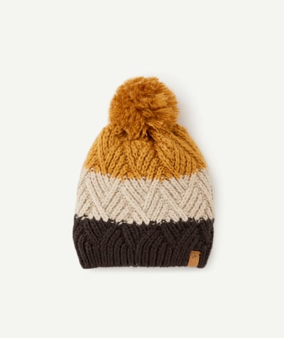 Knitwear accessories Tao Categories - BOYS' BLUE, GREY AND OCHRE KNITTED BEANIE IN RECYCLED FIBRES