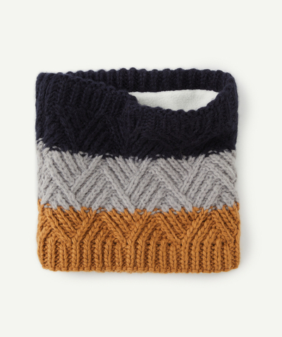 KNITWEAR ACCESSORIES Tao Categories - BOYS' BLUE GREY AND BROWN STRIPED KNITTED SNOOD IN RECYCLED FIBRES