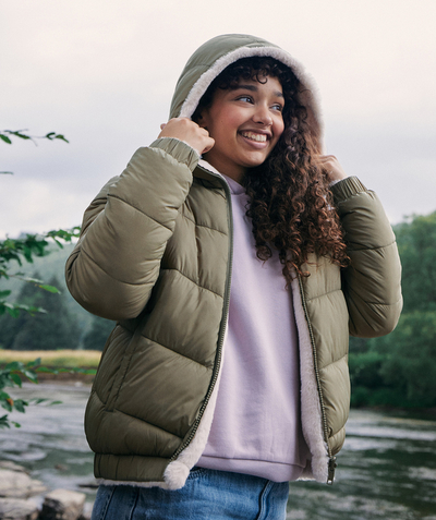Clothing Nouvelle Arbo   C - GIRLS' REVERSIBLE KHAKI AND FAUX FUR JACKET MADE WITH RECYCLED PADDING