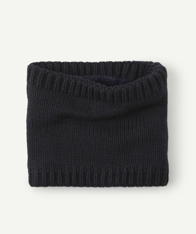 KNITWEAR ACCESSORIES Tao Categories - BOYS' NAVY BLUE KNITTED NECK WARMER IN RECYCLED FIBRES WITH SHERPA LINING