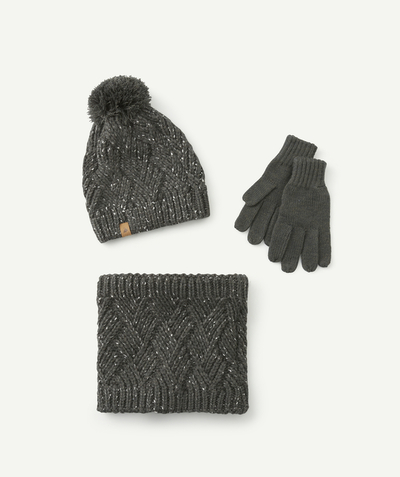 Knitwear accessories Nouvelle Arbo   C - BOYS' KNITTED ACCESSORY SET IN GREY SPECKLED RECYCLED FIBRES