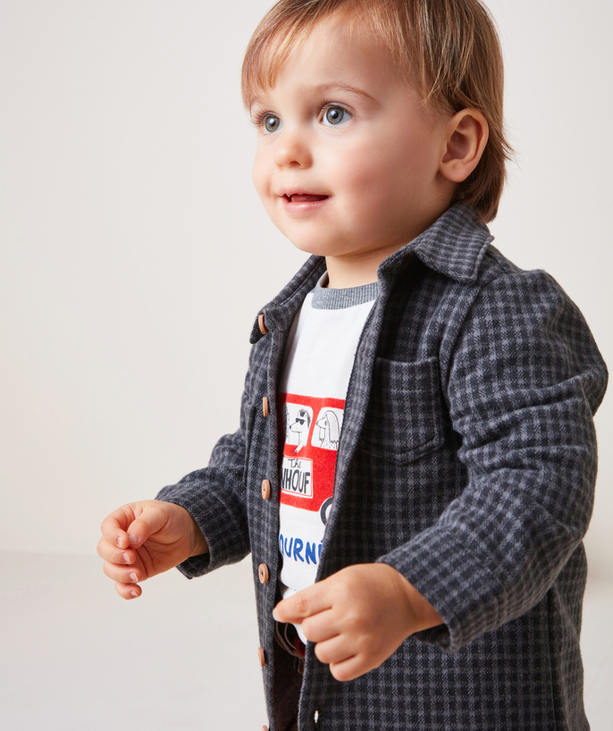 Party outfits Tao Categories - BABY BOYS' GREY AND BLACK CHECKED SHIRT WITH POCKETS