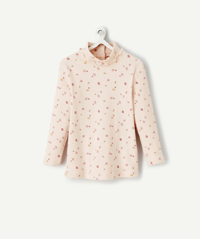 Clothing Nouvelle Arbo   C - GIRLS' PINK FLORAL PRINT RIBBED ORGANIC COTTON ROLL NECK JUMPER