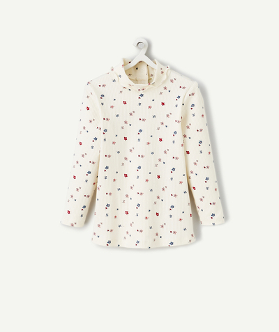 Outlet Tao Categories - GIRLS' WHITE FLORAL PRINT RIBBED ORGANIC COTTON ROLL NECK JUMPER
