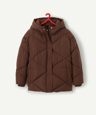 Coat - Padded jacket - Jacket Nouvelle Arbo   C - GIRLS' BROWN OVERSIZED HOODED PUFFER JACKET WITH RECYCLED PADDING