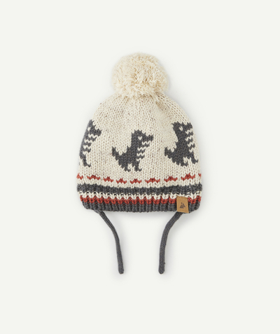 ECODESIGN Tao Categories - BABY BOYS' BEIGE KNITTED BEANIE IN RECYCLED FIBRES WITH MOTIFS AND POMPOM