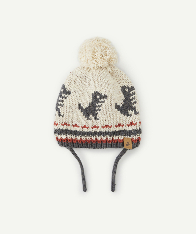 Knitwear accessories Tao Categories - BABY BOYS' BEIGE KNITTED BEANIE IN RECYCLED FIBRES WITH MOTIFS AND POMPOM