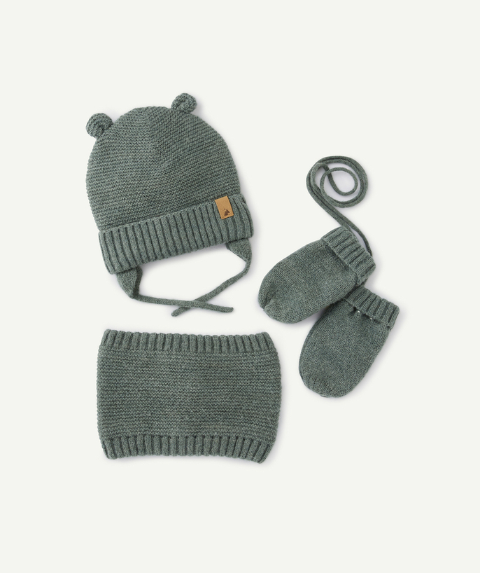 Knitwear accessories Tao Categories - BABY BOYS' GREEN KNITTED BEANIE, MITTENS AND NECK WARMER SET IN RECYCLED FIBRES