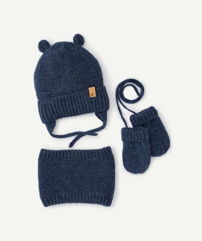 Knitwear accessories Nouvelle Arbo   C - BABY BOYS' BLUE KNITTED BEANIE, MITTENS AND NECK WARMER SET IN RECYCLED FIBRES