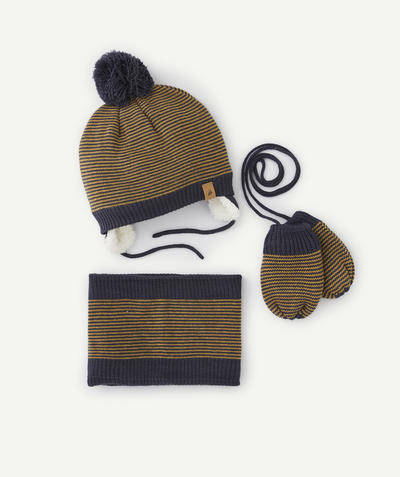 New collection Nouvelle Arbo   C - BABY BOYS' NAVY BLUE AND OCHRE STRIPED SET IN RECYCLED FIBRES