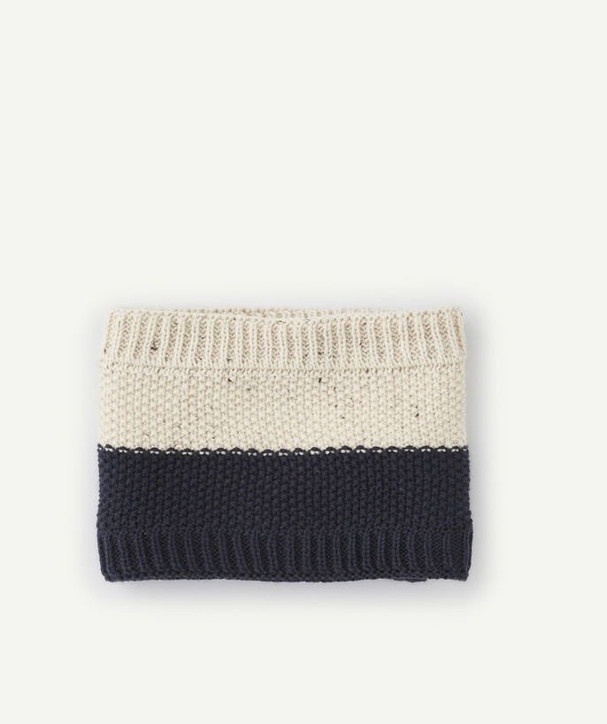 Knitwear accessories Tao Categories - BABY BOYS' BEIGE AND NAVY BLUE KNITTED NECK WARMER IN RECYCLED FIBRES