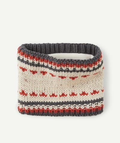 ECODESIGN Tao Categories - BABY BOYS' BEIGE AND GREY KNITTED NECK WARMER IN RECYCLED FIBRES WITH MOTIFS