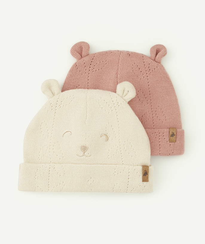 Knitwear accessories Tao Categories - SET OF TWO BABY GIRLS' PINK AND BEIGE OPENWORK KNIT HATS