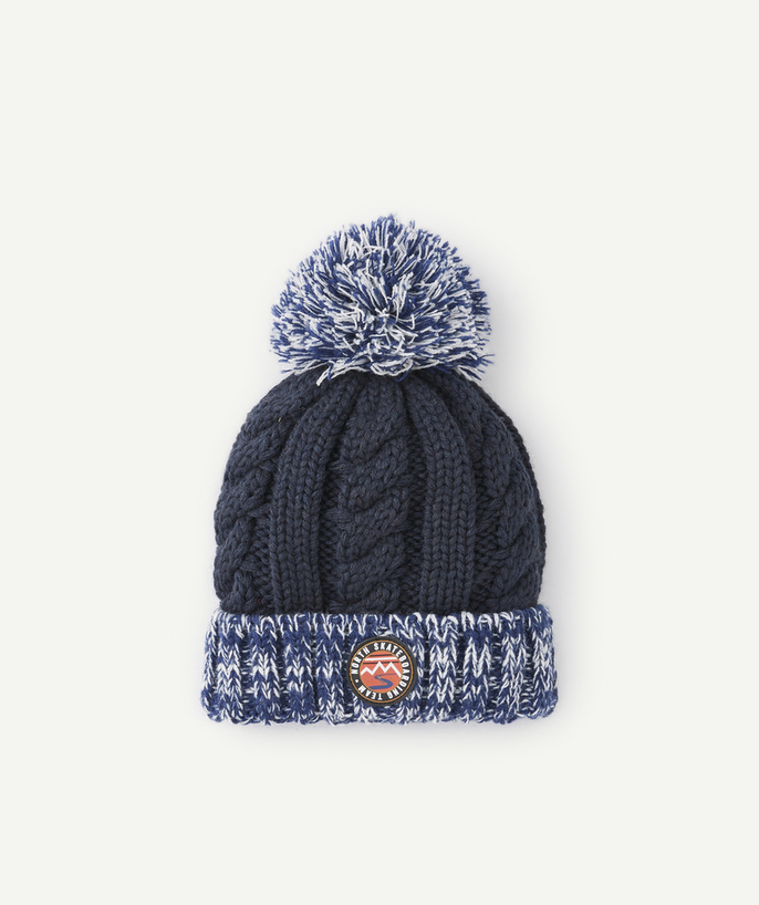 Knitwear accessories Tao Categories - BOYS' BLUE KNITTED BEANIE IN RECYCLED FIBRES WITH POMPOM AND PATCH