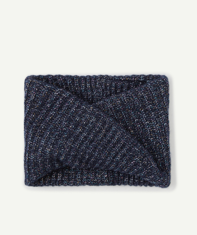 Knitwear accessories Tao Categories - GIRLS' NAVY BLUE AND GLITTER RECYCLED FIBRE KNITTED NECK WARMER