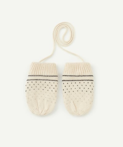 ECODESIGN Nouvelle Arbo   C - A PAIR OF CREAM MITTENS MADE IN RECYCLED FIBRES WITH BLACK AND GOLD DETAILS FOR BABY GIRLS