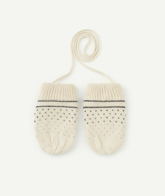 Knitwear accessories Tao Categories - A PAIR OF CREAM MITTENS MADE IN RECYCLED FIBRES WITH BLACK AND GOLD DETAILS FOR BABY GIRLS