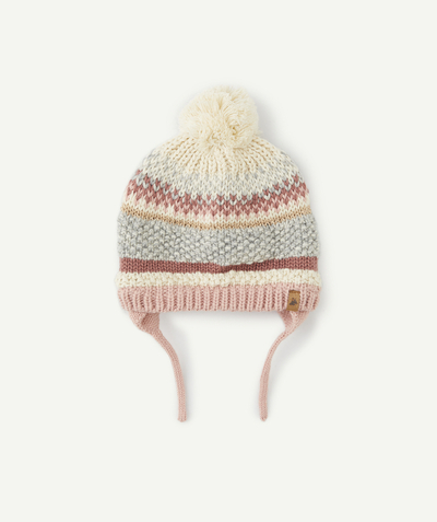 Outlet Tao Categories - BABY GIRLS' RECYCLED FIBRE KNITTED HAT WITH PINK DETAILS AND POMPOM
