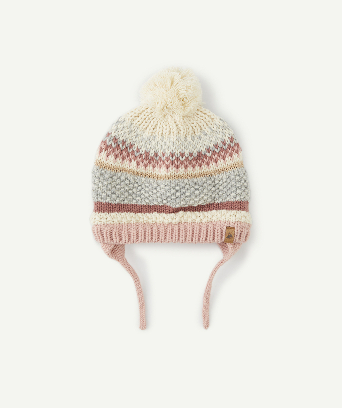 Knitwear accessories Tao Categories - BABY GIRLS' RECYCLED FIBRE KNITTED HAT WITH PINK DETAILS AND POMPOM