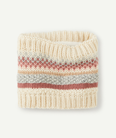 Outlet Tao Categories - BABY GIRLS' BEIGE RECYCLED FIBRE KNITTED SNOOD WITH PINK DETAILS