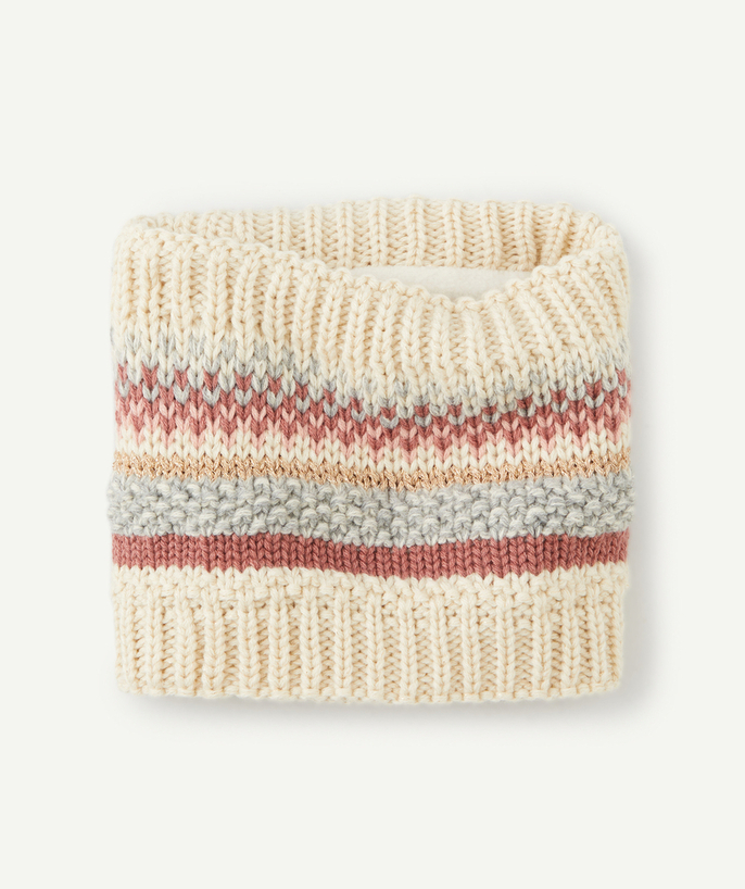 Knitwear accessories Tao Categories - BABY GIRLS' BEIGE RECYCLED FIBRE KNITTED SNOOD WITH PINK DETAILS