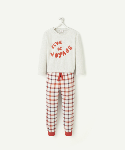 Velvet trend Nouvelle Arbo   C - GIRLS' VELOUR PYJAMAS IN RECYCLED FIBRES WITH RED CHECKED PRINT