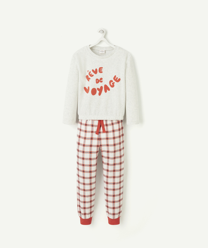 Nightwear Tao Categories - GIRLS' VELOUR PYJAMAS IN RECYCLED FIBRES WITH RED CHECKED PRINT