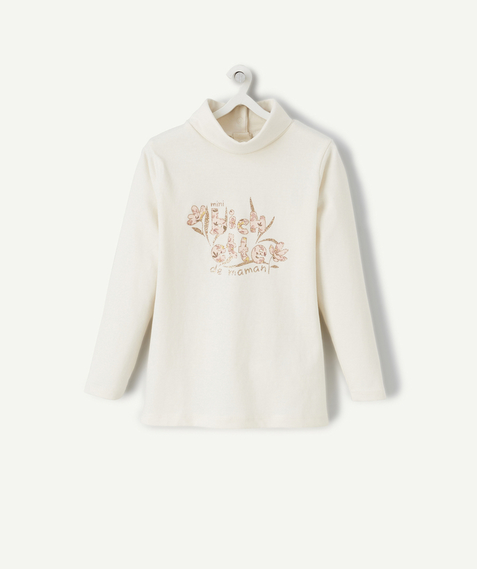 Outlet Tao Categories - BABY GIRLS' ROLL NECK JUMPER IN ECRU ORGANIC COTTON WITH GLITTER MESSAGE
