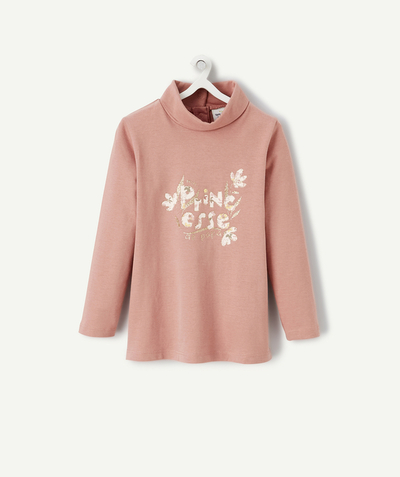 Basics Nouvelle Arbo   C - BABY GIRLS' ROLL NECK JUMPER IN PINK ORGANIC COTTON WITH GLITTER MESSAGE