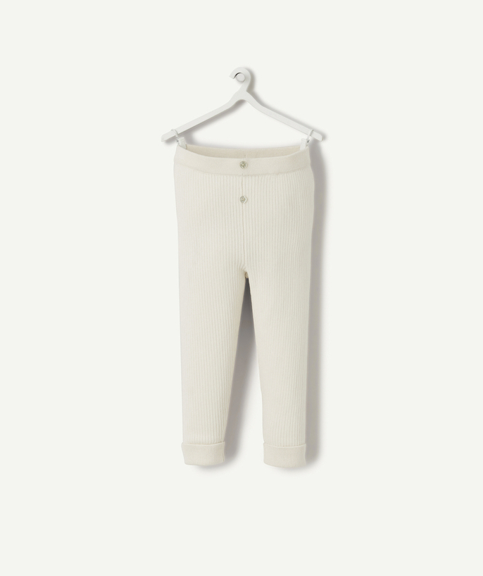 Trousers Tao Categories - BABY GIRLS' ECRU RIBBED LEGGINGS IN ORGANIC COTTON WITH BUTTONS