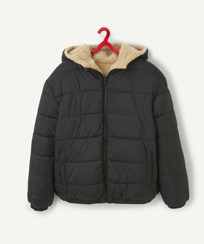 New collection Nouvelle Arbo   C - REVERSIBLE UNISEX PUFFER JACKET IN BLACK RECYCLED PADDING AND BEIGE SHERPA
