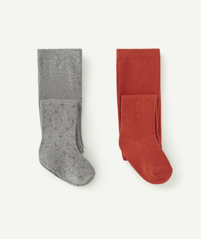 Socks - Tights Tao Categories - PACK OF TWO PAIRS OF BABY GIRLS' DARK GREY AND RUST KNITTED TIGHTS