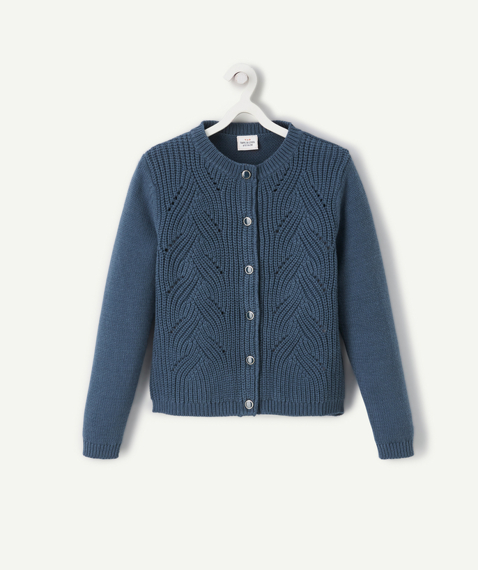 Pullover - Cardigan Nouvelle Arbo   C - GIRLS' BLUE OPENWORK KNIT CARDIGAN WITH BUTTONS