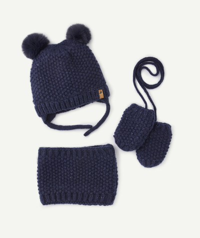 Christmas store Tao Categories - NAVY BLUE KNITTED ACCESSORY SET WITH POMPONS MADE FROM RECYCLED FIBRES