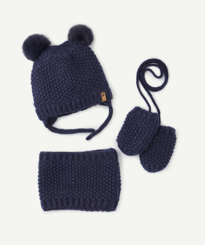 Knitwear accessories Tao Categories - NAVY BLUE KNITTED ACCESSORY SET WITH POMPONS MADE FROM RECYCLED FIBRES