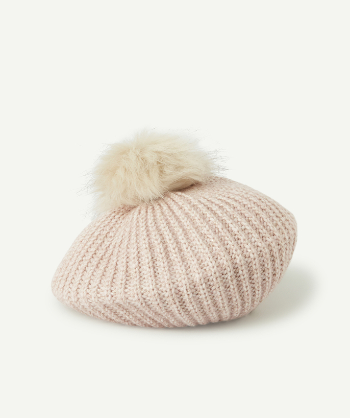 Knitwear accessories Tao Categories - GIRLS' POWDER PINK KNITTED BERET WITH POMPOM IN RECYCLED FIBRES