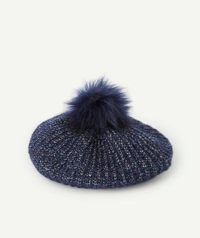 Knitwear accessories Nouvelle Arbo   C - GIRLS' NAVY BLUE AND SPARKLY KNITTED BERET WITH POMPOM IN RECYCLED FIBRES