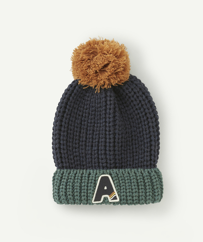 Boy Nouvelle Arbo   C - BOYS' BLUE AND GREEN KNITTED BEANIE IN RECYCLED FIBRES WITH OCHRE POMPOM
