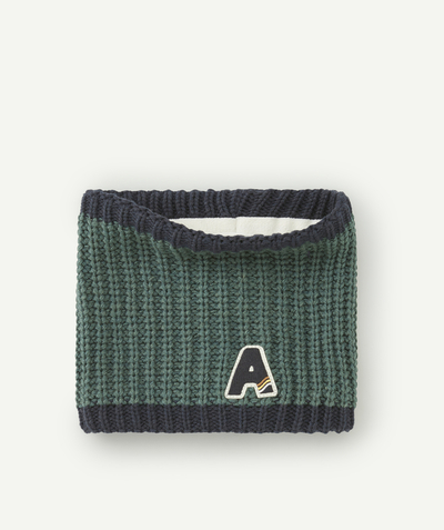 Knitwear accessories Nouvelle Arbo   C - BOYS' GREEN AND BLUE KNITTED NECK WARMER IN RECYCLED FIBRES WITH EMBROIDERED PATCH