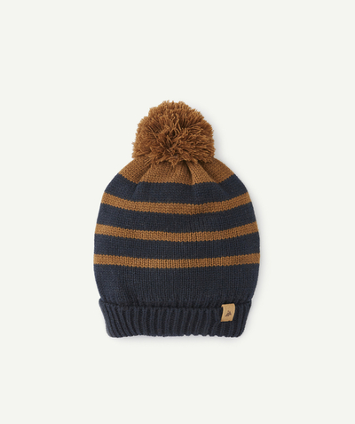 Boy Nouvelle Arbo   C - BOYS' BROWN AND NAVY BLUE STRIPED BEANIE IN RECYCLED FIBRES