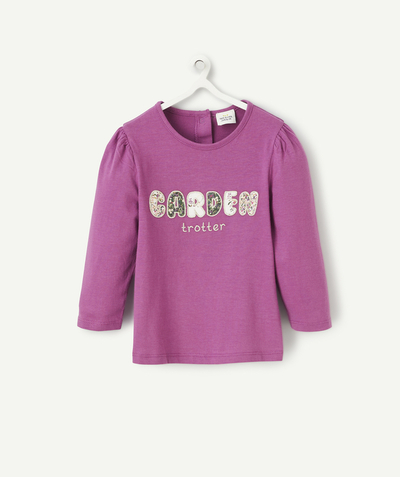 Outlet Tao Categories - LONG-SLEEVED T-SHIRT IN PURPLE ORGANIC COTTON WITH FLORAL MESSAGE
