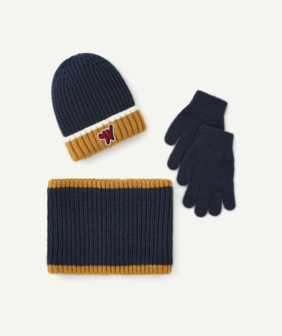 Knitwear accessories Tao Categories - BOYS' DARK BLUE AND OCHRE KNITTED SET IN RECYCLED FIBRES
